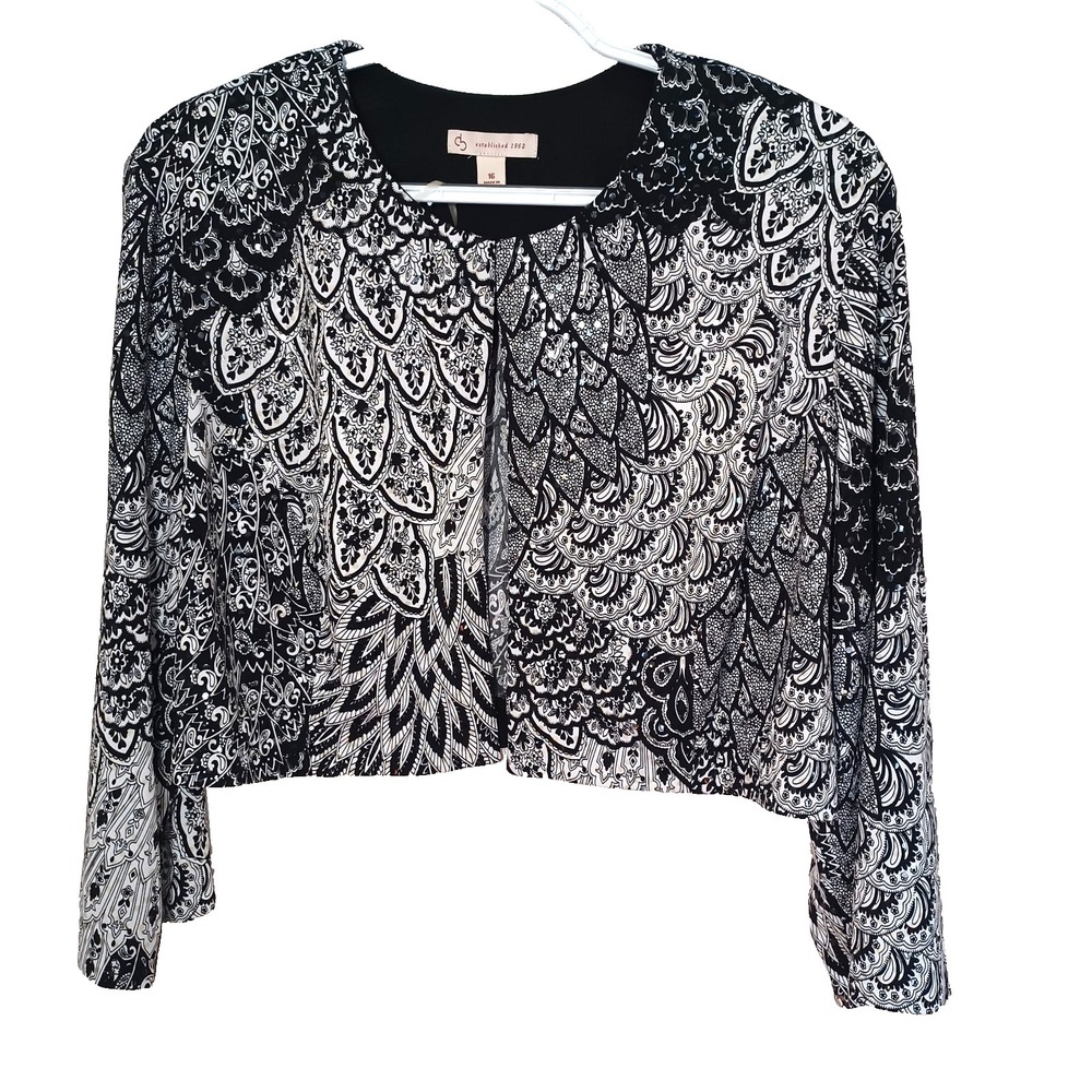 Black White Paisley Floral Open Front Crop Jacket Women Sz 16 Star Wedding Guest